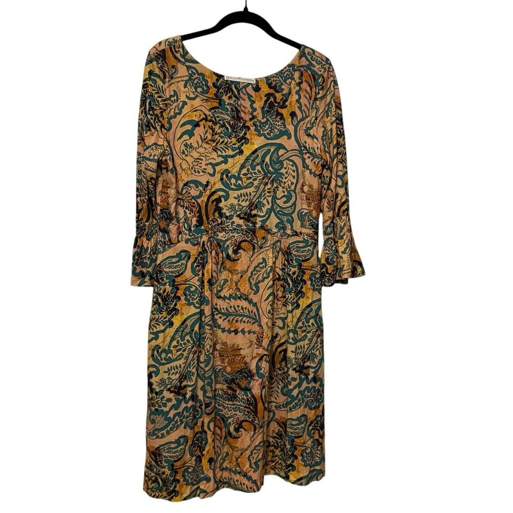 Peruvian Connection Yellow Orange Blue Floral Fit Flare Mini Dress Size Medium